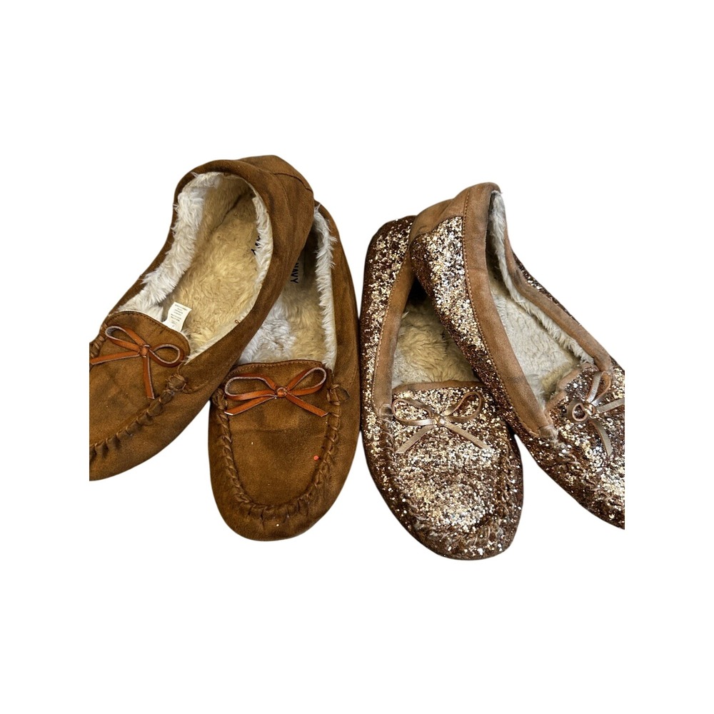 Old Navy Womens Moccasin Slippers Bundle Brown Suede Rose Gold Glitter Size 10